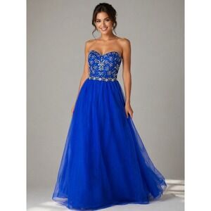 Steppin Out Cobalt Blue Beaded Tulle Ball Gown Prom Formal Princess Glam Sz 9/10